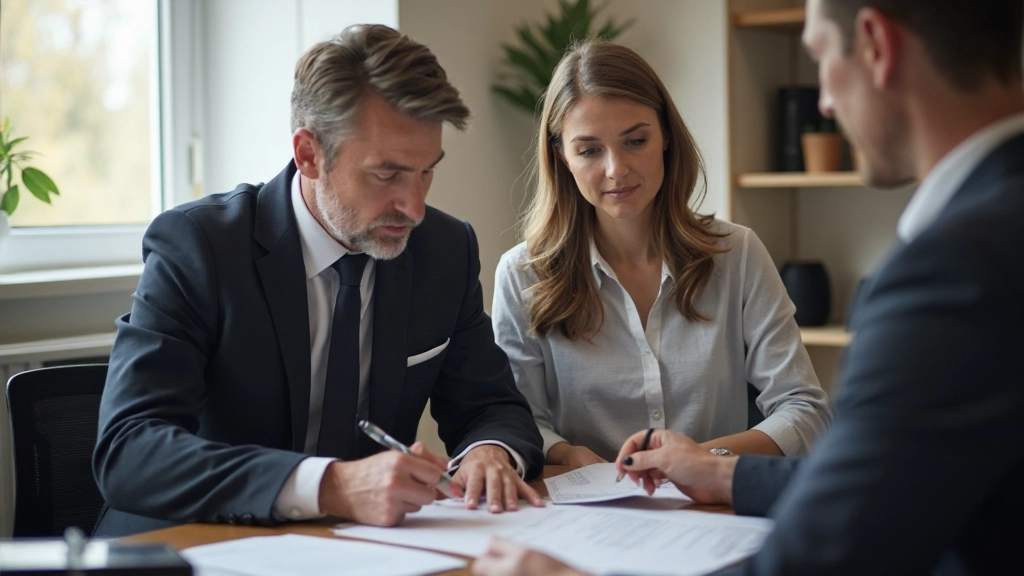 Två föräldrar undertecknar vårdnadsavtal vid skrivbord med advokat