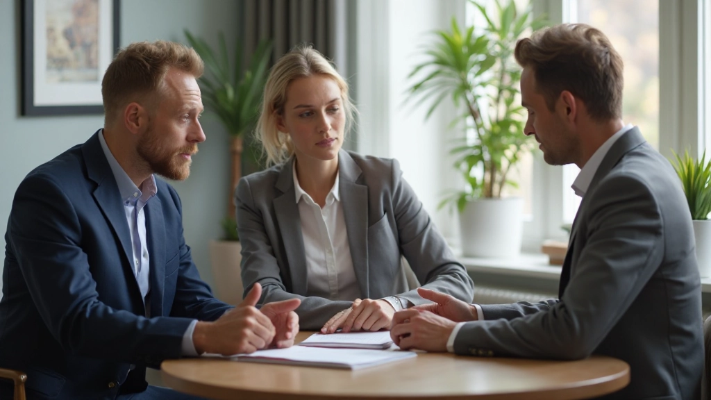 Två föräldrar diskuterar vårdnadsarrangemang med familjerådgivare i konsultationsrum