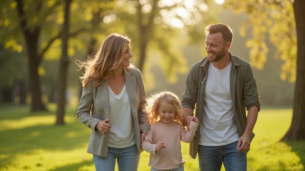 Familj med två föräldrar och ett barn som deltar i ett gemensamt aktivitet utomhus på en park