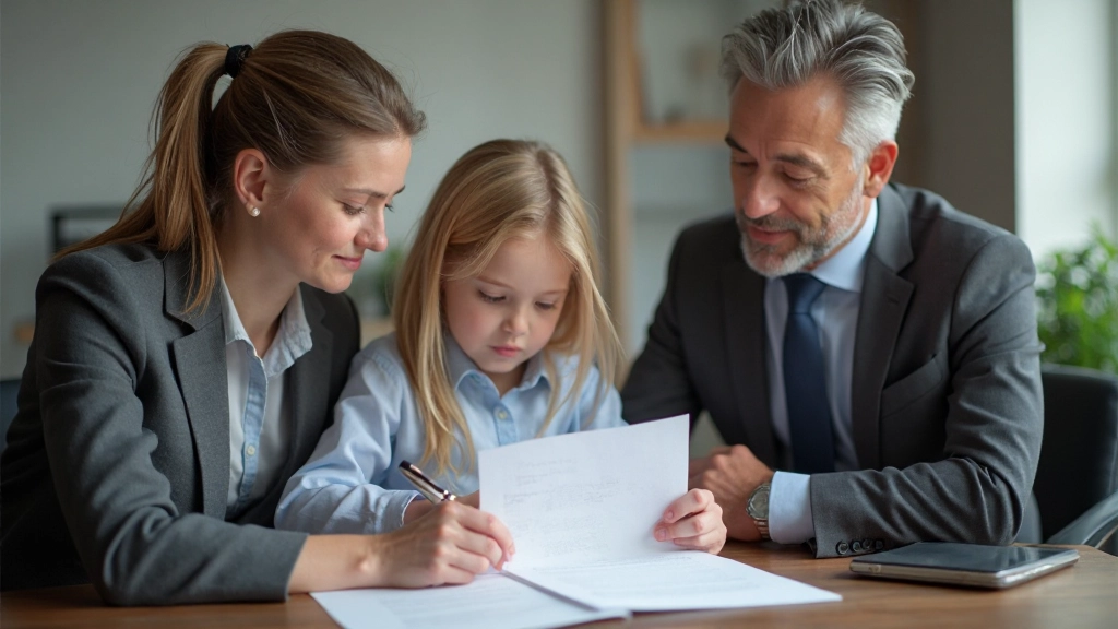 En familj som undertecknar ett vårdnadsavtal med juridisk vägledning