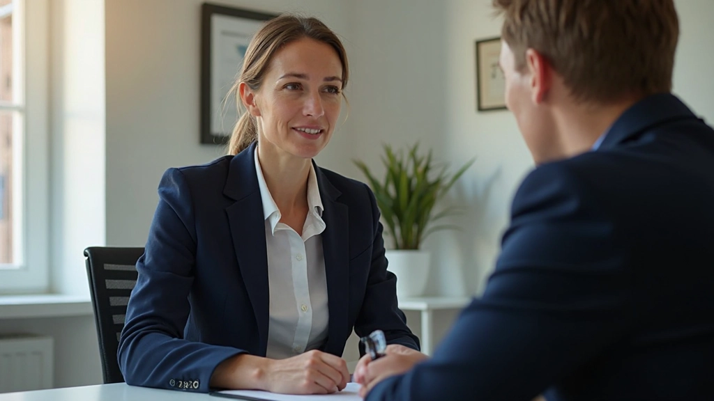 Professionell familjerädslagare diskuterar vårdnadsfrågor med förälder vid modernt skrivbord