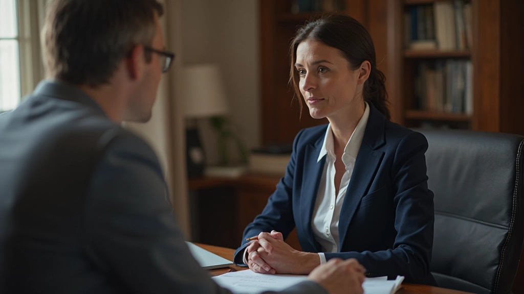 Professionell familjerädslagare diskuterar vårdnadsfrågor med förälder vid skrivbord
