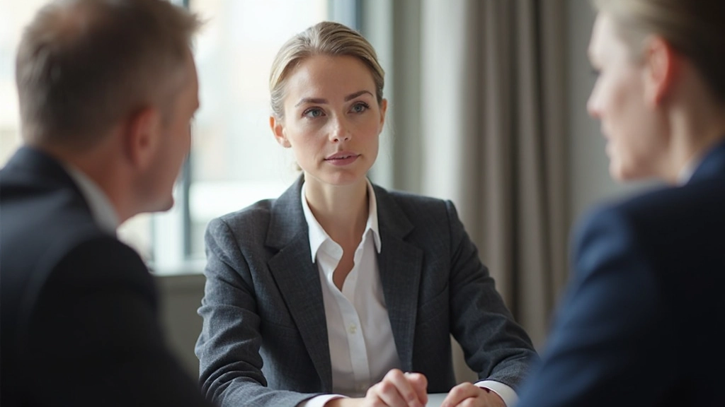 Två föräldrar diskuterar vårdnadsfrågor med mediator i kontorsmmiljö