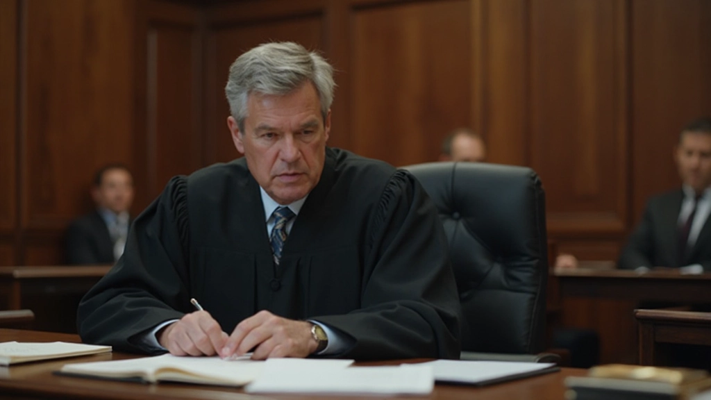 Domare arbetar vid sitt skrivbord i domstol med juridiska handlingar och anteckningar