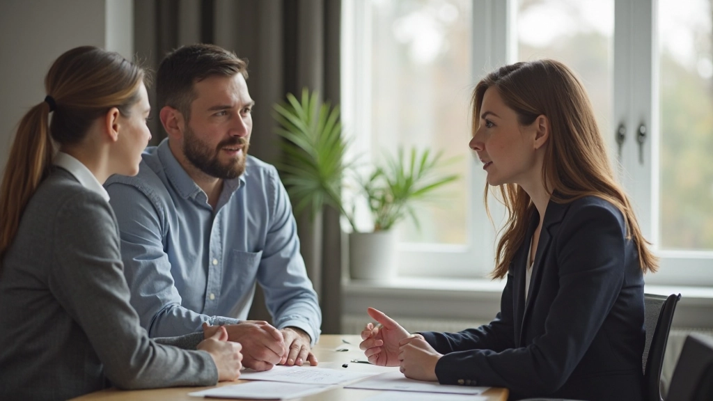 Två föräldrar diskuterar vårdnadsarrangemang med familjerådgivare i konsultationsrum