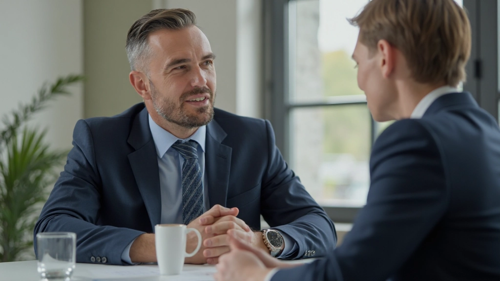 Professionell familjerädslagare diskuterar vårdnadsfrågor med förälder vid skrivbord