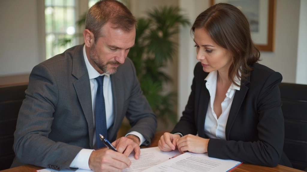 Två föräldrar i en medlingssession, diskuterar vårdnadsarrangemang vid ett bord