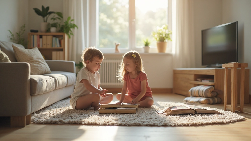 Barndom miljö med leksaker och böcker, visar familjevänligt hemmet