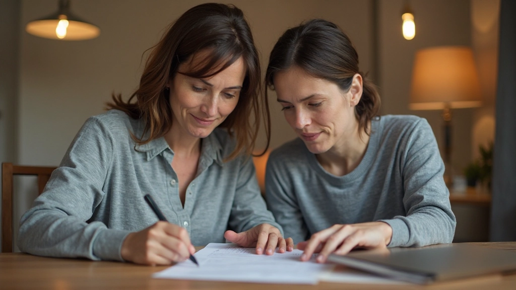 Två föräldrar som diskuterar vårdnadsplaner vid ett bord med dokumenter och anteckningar