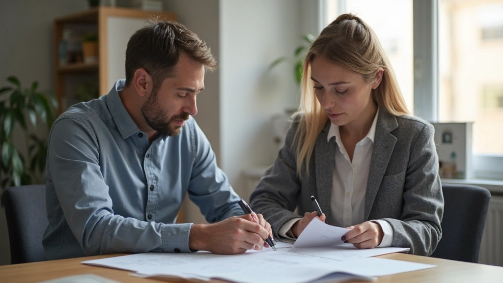 Två föräldrar diskuterar gemensam vårdnad vid ett skrivbord