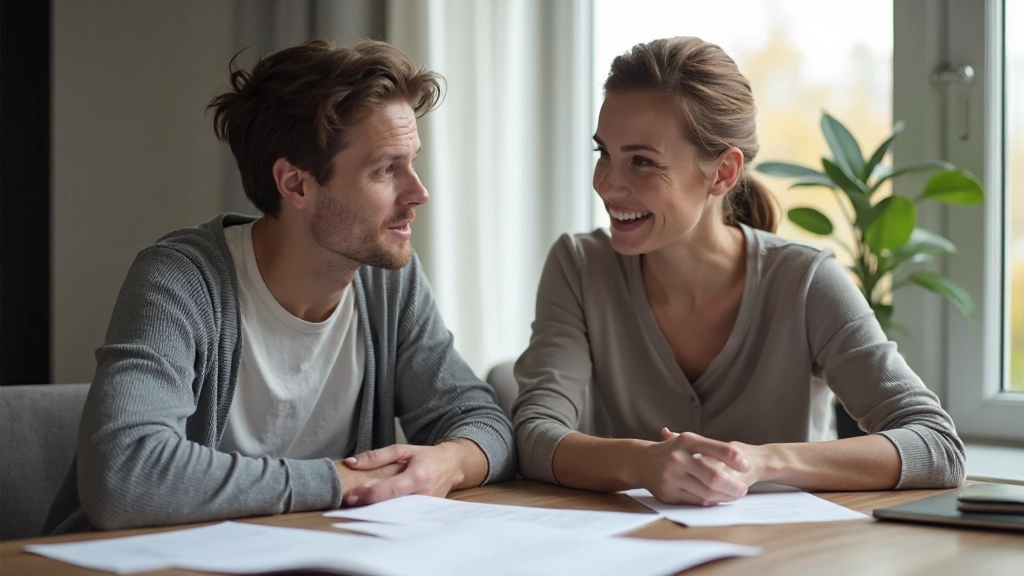 Två föräldrar som diskuterar vårdnadsarrangemang vid ett bord