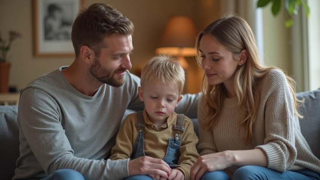 Två föräldrar tillsammans med barn i hemlig miljö, diskuterar framtida planer